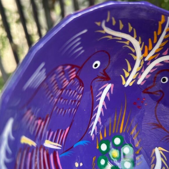 Talavera Mexican Pottery Salsa Bowl Footed Hand Painted Trinket Red Purple Birds - Picture 7 of 16